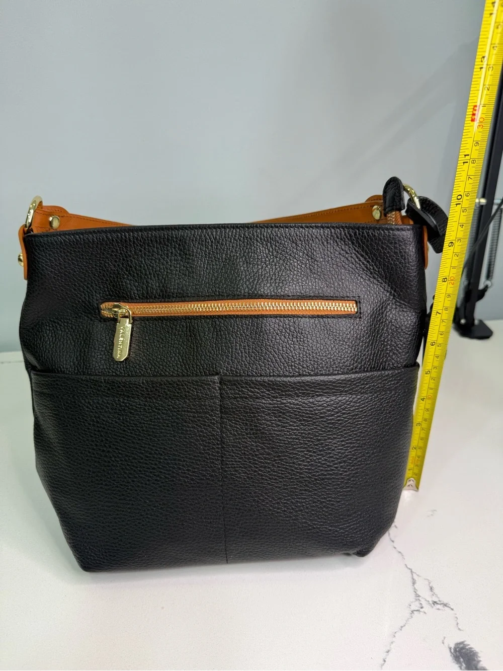 VALENTINA Made in Italy Black/Tan Pebbled Leather Shoulder/CrossBody Bag